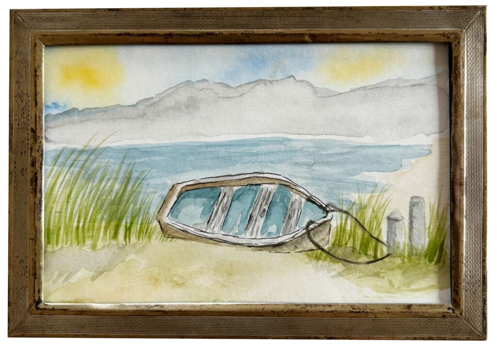 boot am fjord – handgemaltes aquarell mit metallrahmen